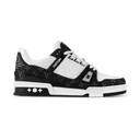 Black and white trainer sneaker with monogram-textured panels, side profile